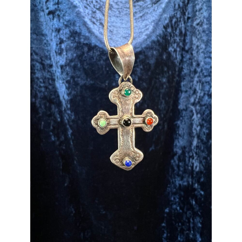 VTG Sterling Silver Cross Necklace Multicolor Cabochon Stone Crucifix Pendant - Picture 7 of 7